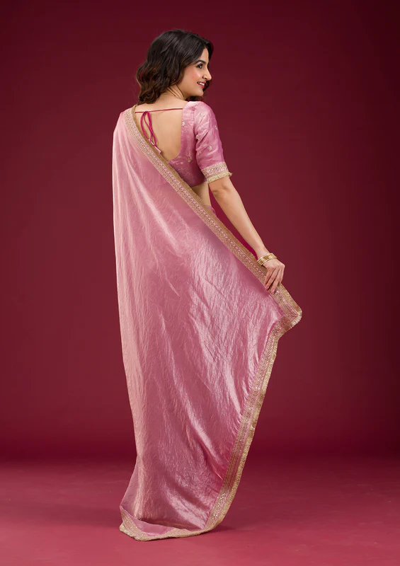 Onion Pink Cording Tissue Saree - Image 4