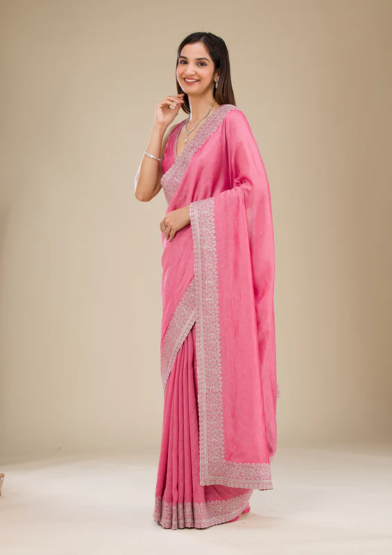 Onion Pink Zariwork Soft Silk Saree - Image 3