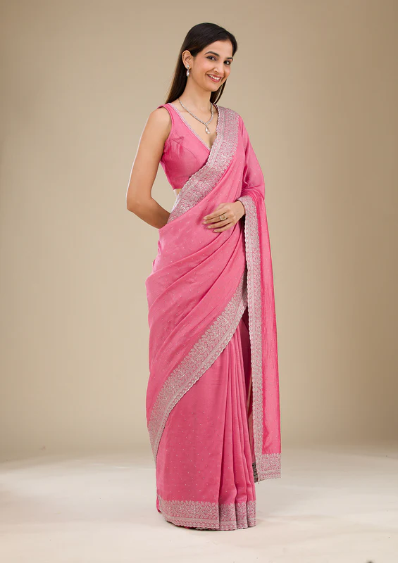 Onion Pink Zariwork Soft Silk Saree - Image 2