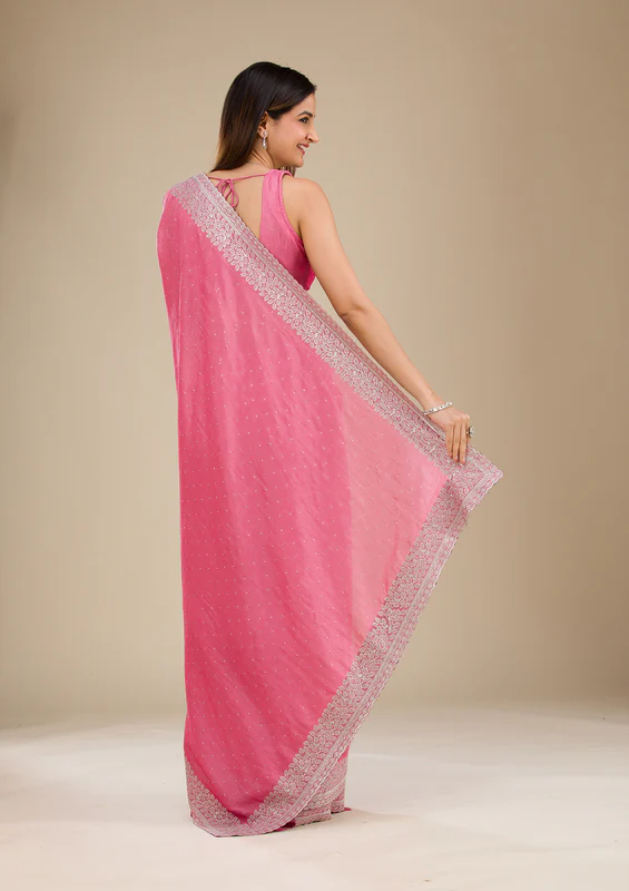 Onion Pink Zariwork Soft Silk Saree - Image 4