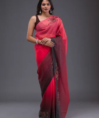 Peach Swarovski Satin Silk Saree