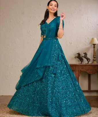 Peacock Blue Sequins Net Readymade Lehenga