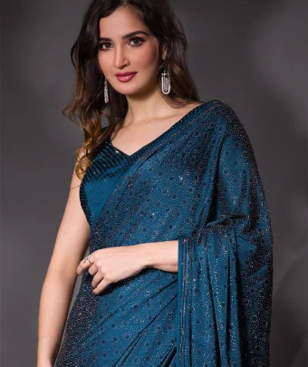 Peacock Blue Stonework Crepe Designer Saree