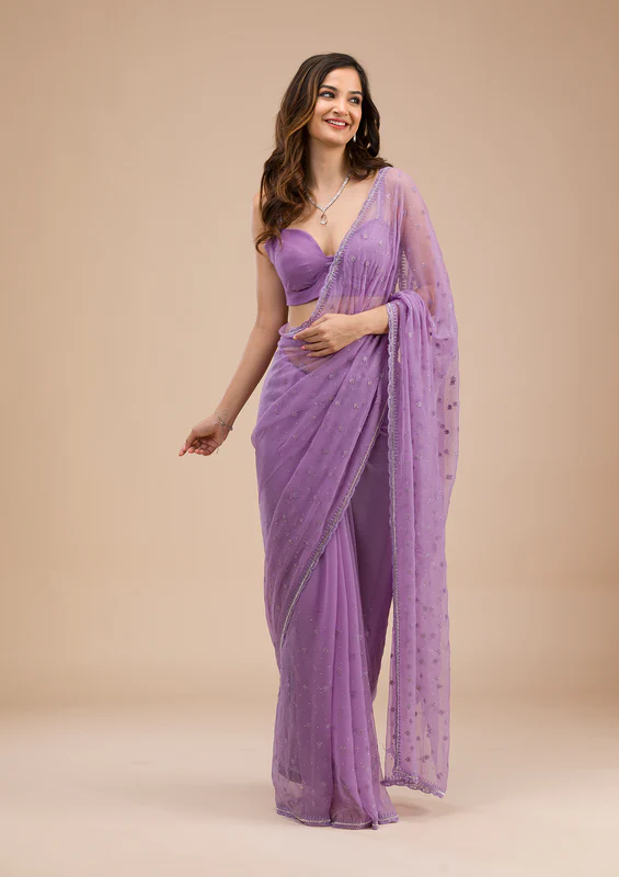 Purple Threadwork Chiffon Saree - Image 2