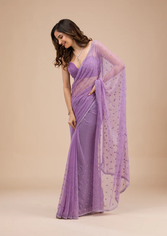Purple Threadwork Chiffon Saree - Image 4