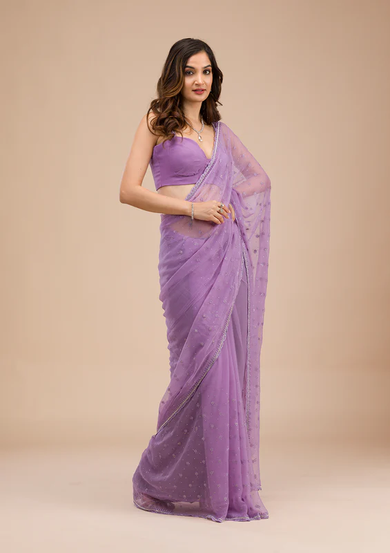 Purple Threadwork Chiffon Saree - Image 3