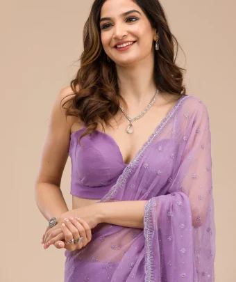 Purple Threadwork Chiffon Saree