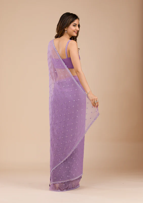 Purple Threadwork Chiffon Saree - Image 5