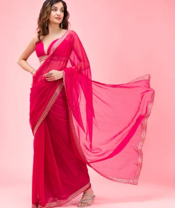 Rani Pink Threadwork Chiffon Saree