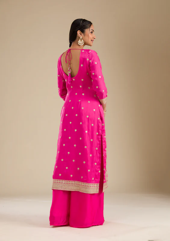Rani Pink Zariwork Semi Crepe Readymade Salwar Suit - Image 4