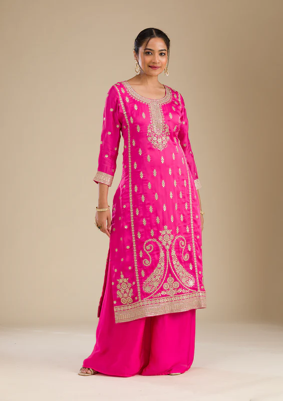 Rani Pink Zariwork Semi Crepe Readymade Salwar Suit - Image 3