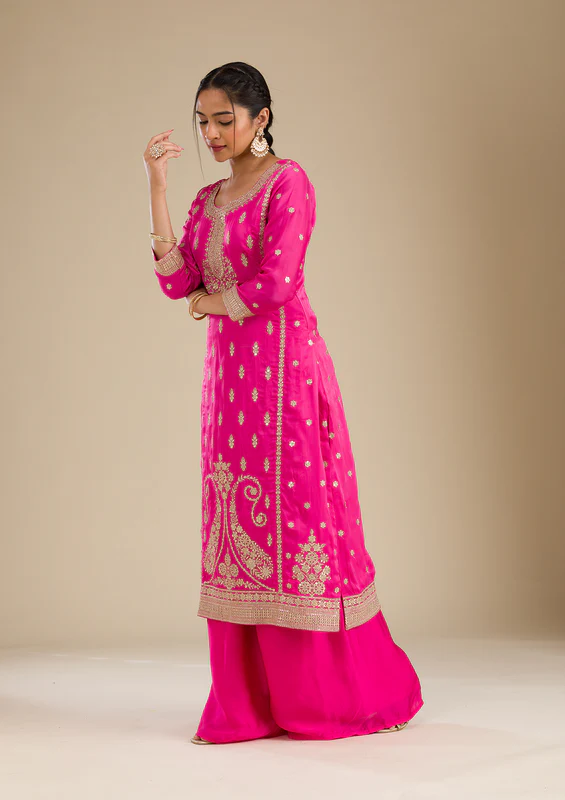 Rani Pink Zariwork Semi Crepe Readymade Salwar Suit - Image 2