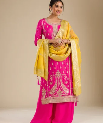Rani Pink Zariwork Semi Crepe Readymade Salwar Suit