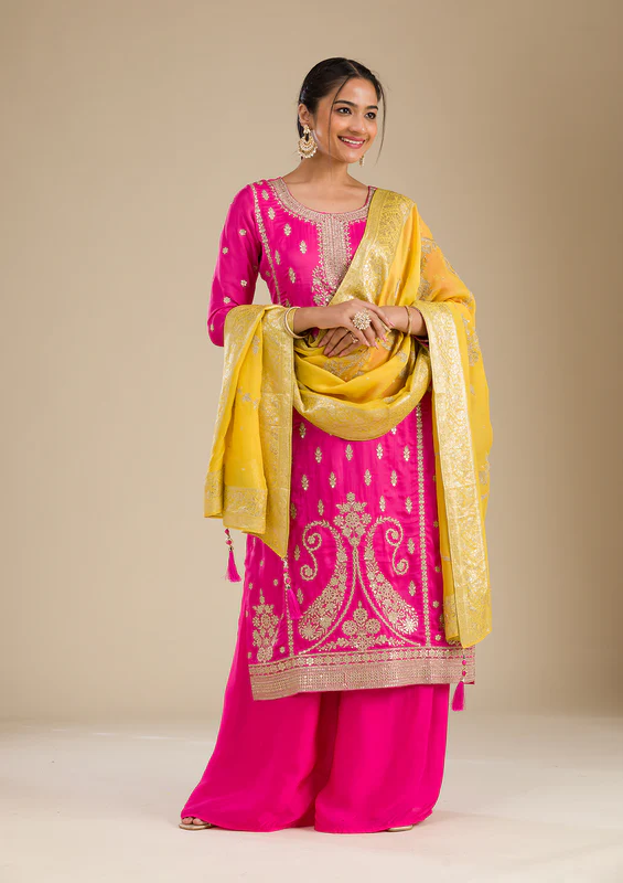 Rani Pink Zariwork Semi Crepe Readymade Salwar Suit