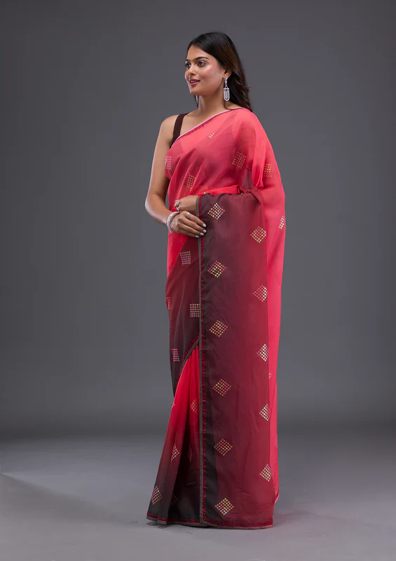Red Swarovski Satin Saree - Image 3