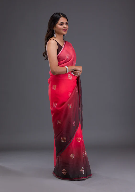 Red Swarovski Satin Saree - Image 2