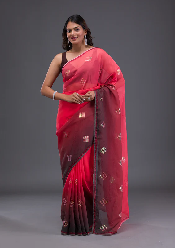 Red Swarovski Satin Saree