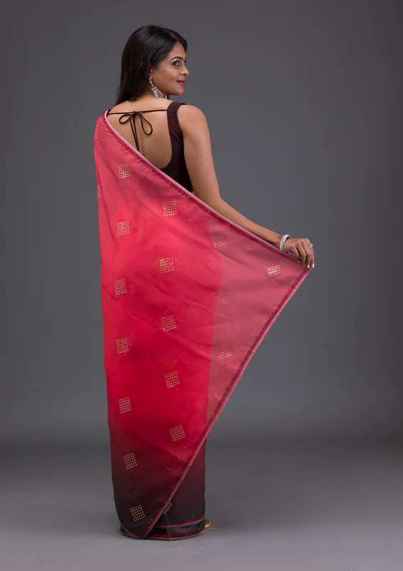 Red Swarovski Satin Saree - Image 4