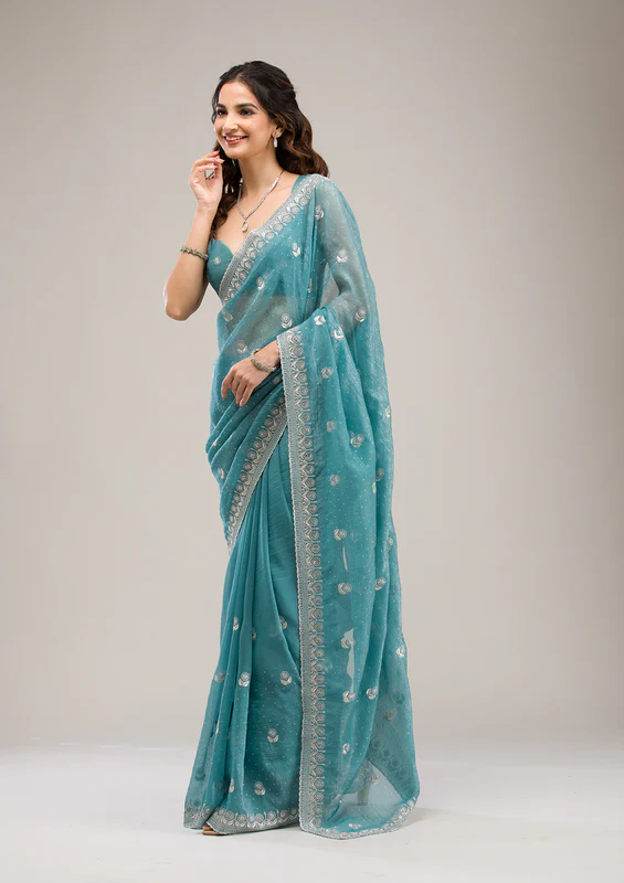 Sea Green Zariwork Tissue Saree - Image 3