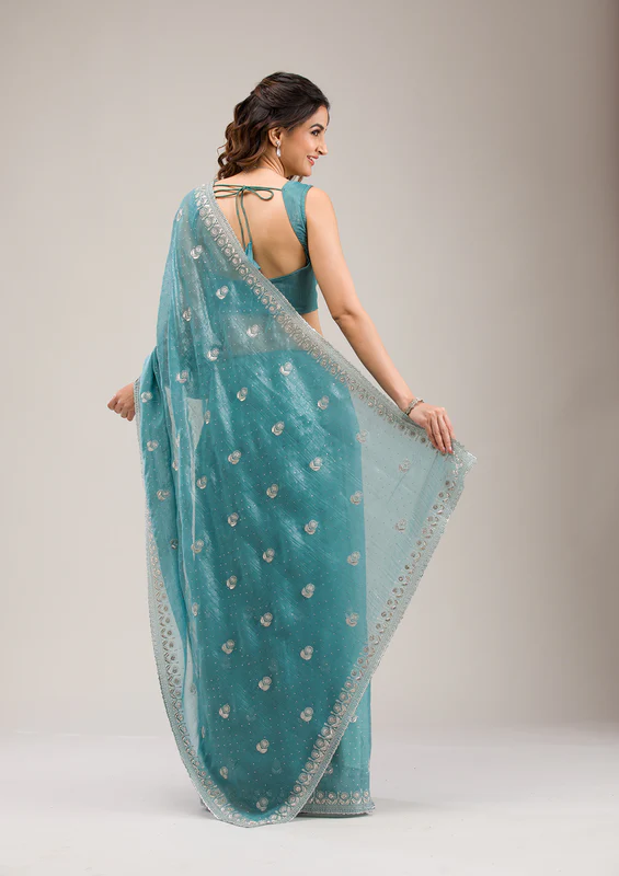 Sea Green Zariwork Tissue Saree - Image 4