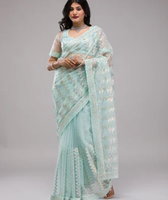Sky Blue Sequins Net Saree