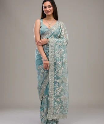 Turquoise Blue Zariwork Tissue Saree