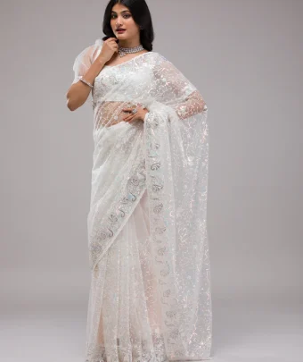 White Sequins Net Saree