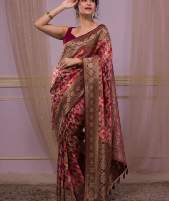 Wine Swarovski Banarasi Silk Saree