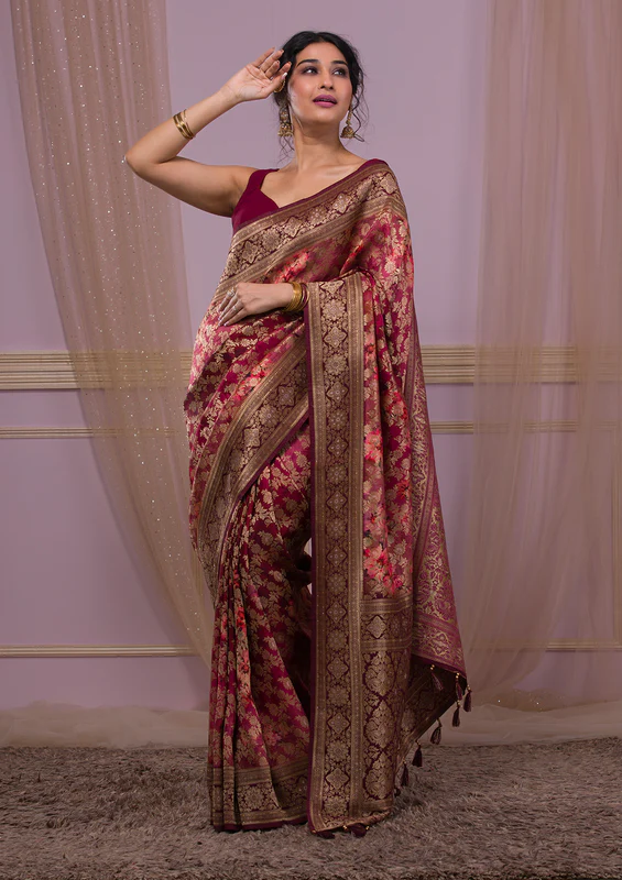 Wine Swarovski Banarasi Silk Saree