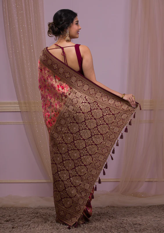 Wine Swarovski Banarasi Silk Saree - Image 4