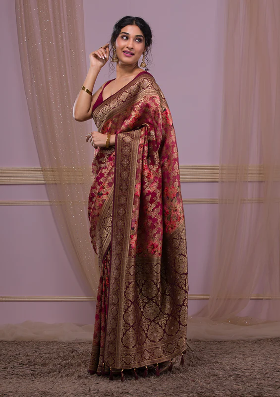 Wine Swarovski Banarasi Silk Saree - Image 3