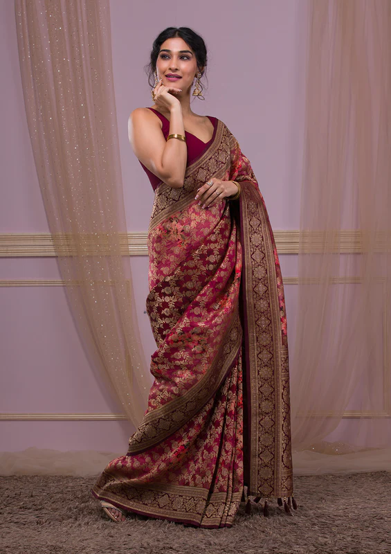Wine Swarovski Banarasi Silk Saree - Image 2