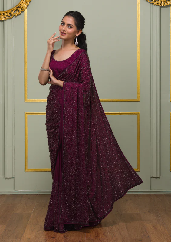 Wine Swarovski Crepe Designer Saree - Image 2