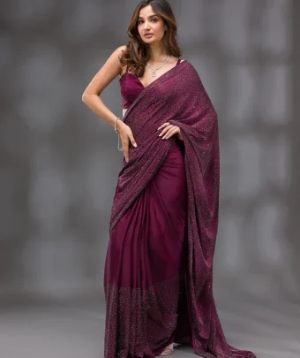 Wine Swarovski Crepe Designer Saree