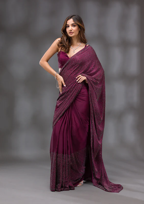 Wine Swarovski Crepe Designer Saree