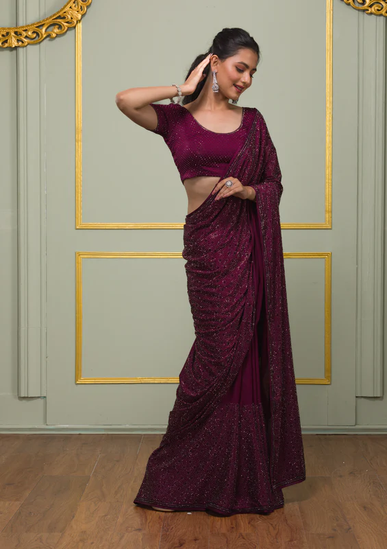 Wine Swarovski Crepe Designer Saree - Image 3