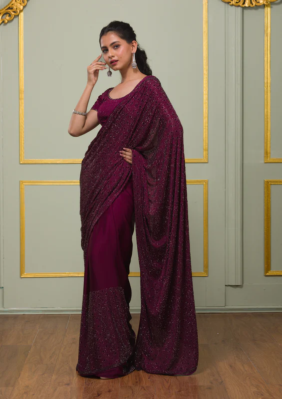 Wine Swarovski Crepe Designer Saree - Image 4