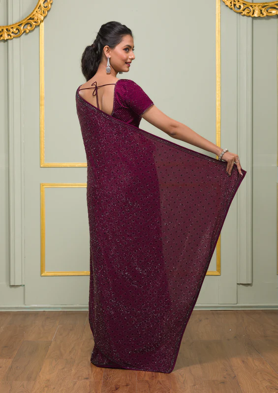 Wine Swarovski Crepe Designer Saree - Image 5