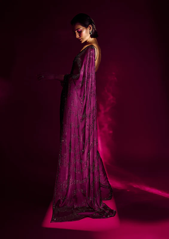 Wine Stonework Satin Designer Saree - Image 3