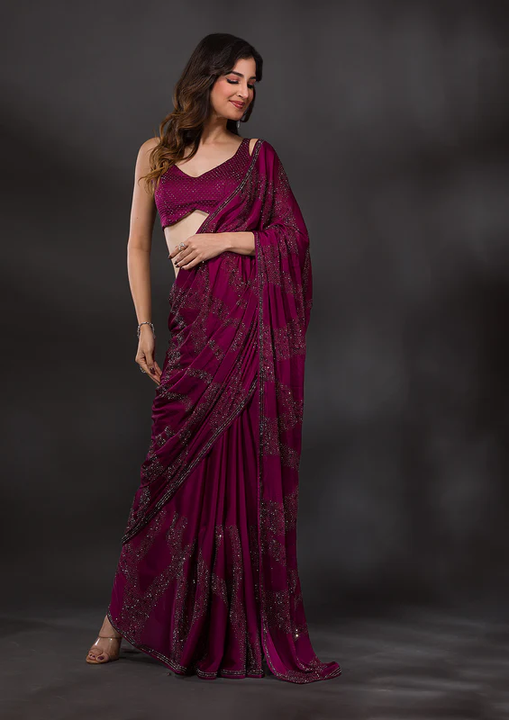 Wine Stonework Satin Designer Saree - Image 2