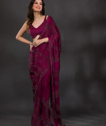 Wine Stonework Satin Designer Saree
