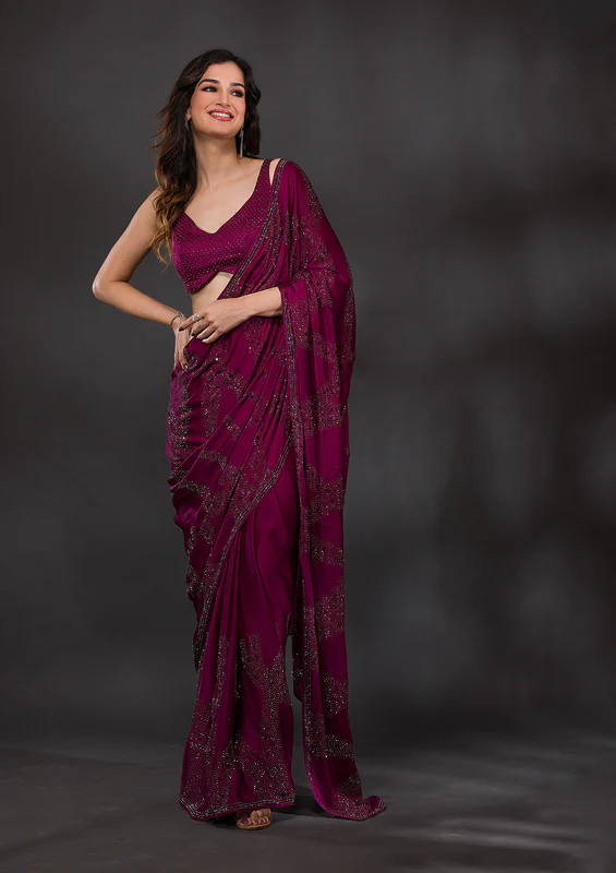 Wine Stonework Satin Designer Saree
