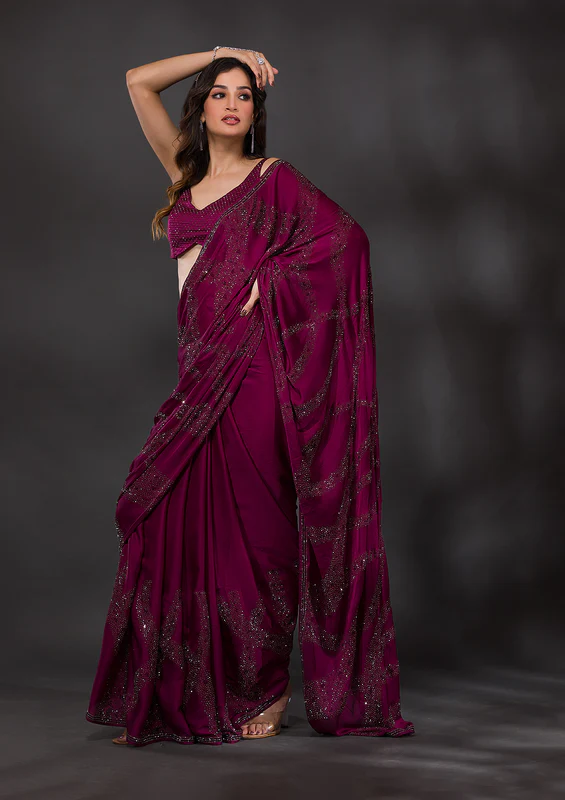 Wine Stonework Satin Designer Saree - Image 5