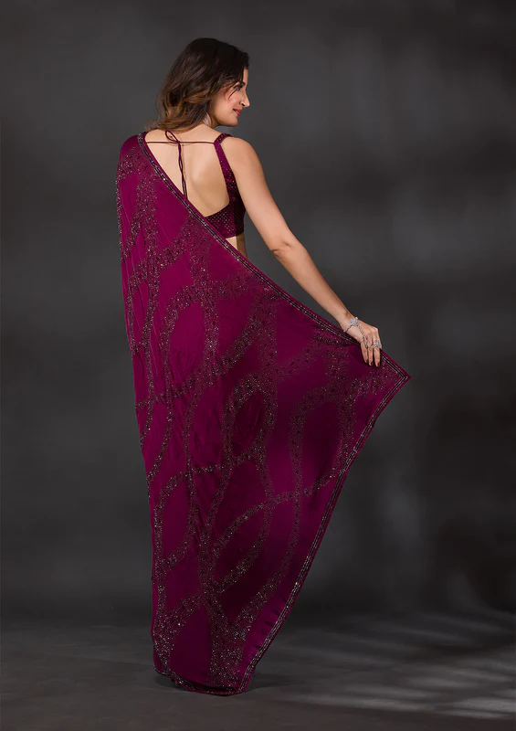 Wine Stonework Satin Designer Saree - Image 4
