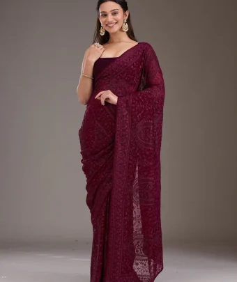 Wine Threadwork Georgette Saree