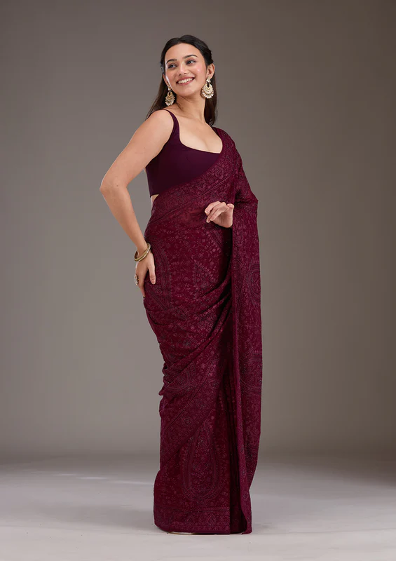 Wine Threadwork Georgette Saree - Image 3