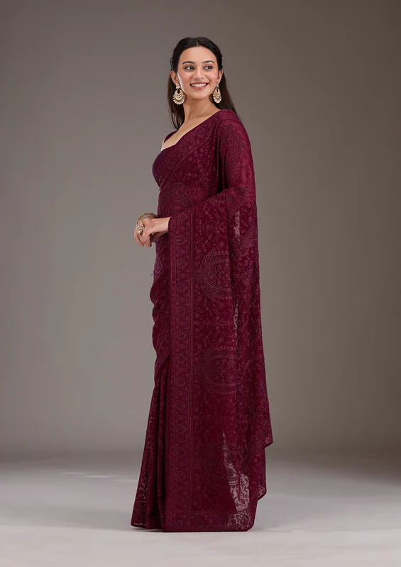 Wine Threadwork Georgette Saree - Image 2