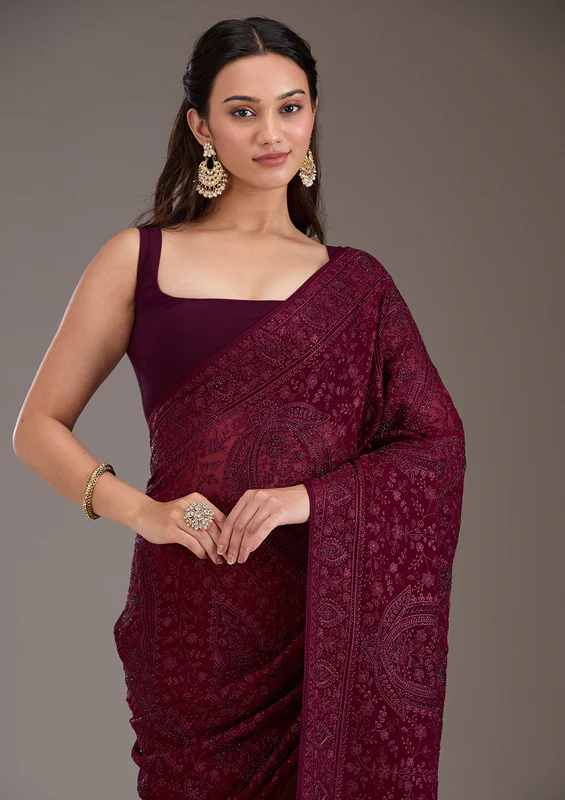 Wine Threadwork Georgette Saree - Image 6