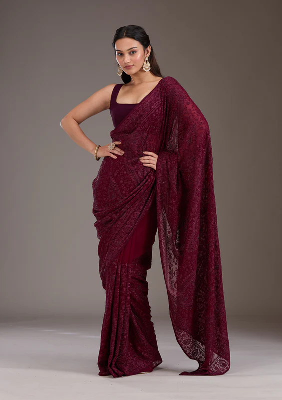 Wine Threadwork Georgette Saree - Image 5