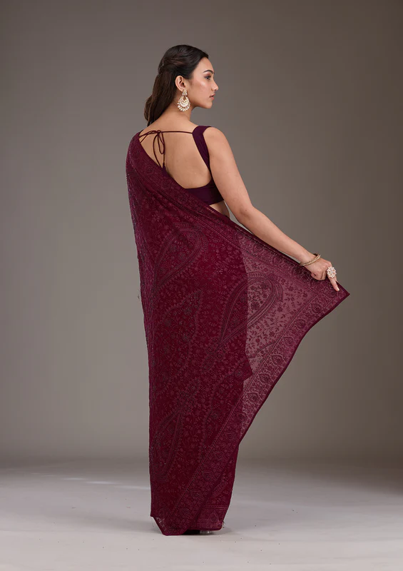 Wine Threadwork Georgette Saree - Image 4